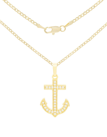Cubic Zirconia Devil Anchor Cross Pendant 14K Gold Filled Necklace Set