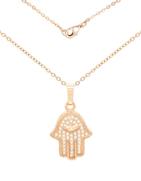 Hamsa Hand Of Fatima Cubic Zirconia Pendant 18K Gold Filled Rolo Chain Necklace Set CZ Charm Fashion Jewelry Gift Women Men 2.2 mm 18”