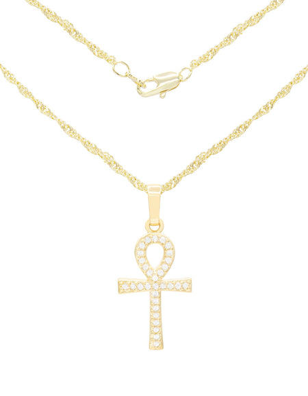 Ankh Cross Cubic Zirconia 14K Gold Filled Copper Pendant With Necklace Set