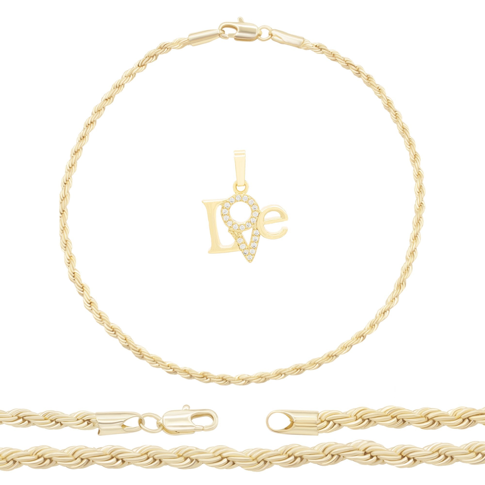 Love 4 Pendant 14K Anklet Gold Filled Cubic Zirconia Charm Rope Chain Set 10" Women Jewelry
