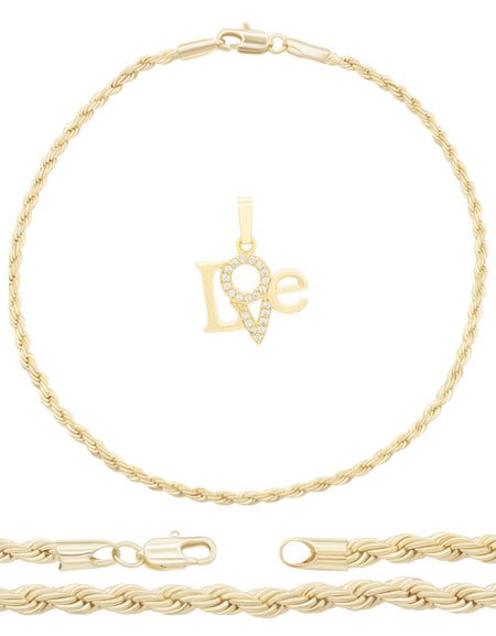 Love 4 Pendant 14K Anklet Gold Filled Cubic Zirconia Charm Rope Chain Set 10" Women Jewelry