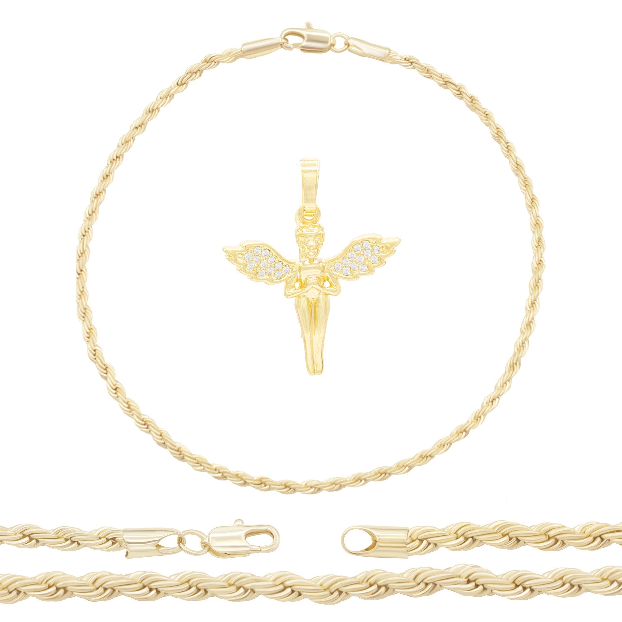 CZ Angel Pendant 14K Anklet Bracelet Gold Filled Cubic Zirconia Charm Rope Foot Chain Set 10" Women Girl Teen