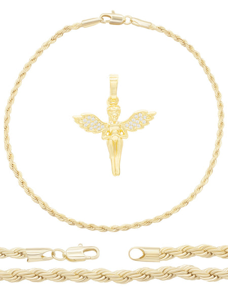 CZ Angel Pendant 14K Anklet Bracelet Gold Filled Cubic Zirconia Charm Rope Foot Chain Set 10" Women Girl Teen
