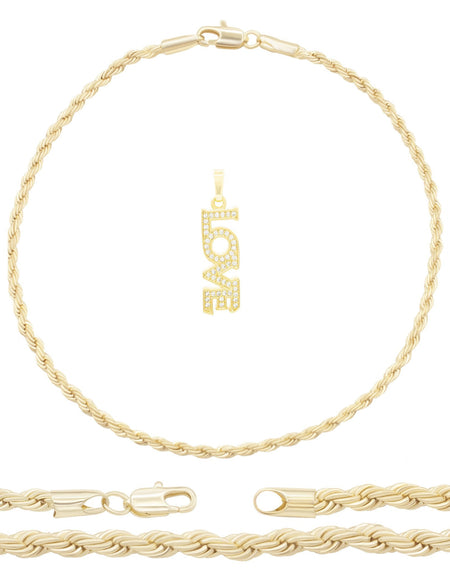 Love 3 Pendant 14K Anklet Gold Filled Cubic Zirconia Charm Rope Chain Set 10" Women Jewelry
