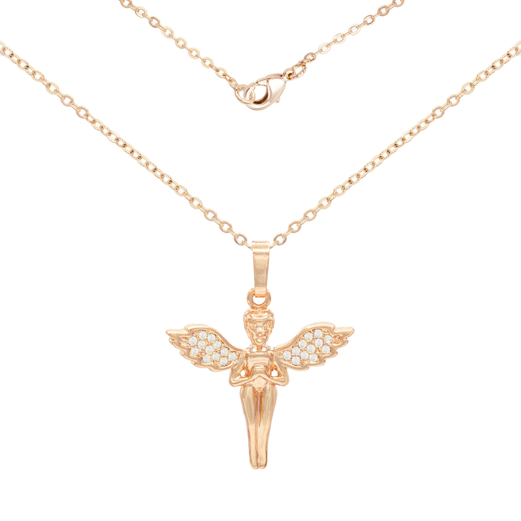 Angel Pendant Cubic Zirconia 18K Gold Filled Rolo Chain Necklace Set CZ Charm Fashion Jewelry Gift Women Men 2.2 mm 18”