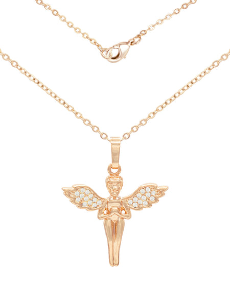 Angel Pendant Cubic Zirconia 18K Gold Filled Rolo Chain Necklace Set CZ Charm Fashion Jewelry Gift Women Men 2.2 mm 18”