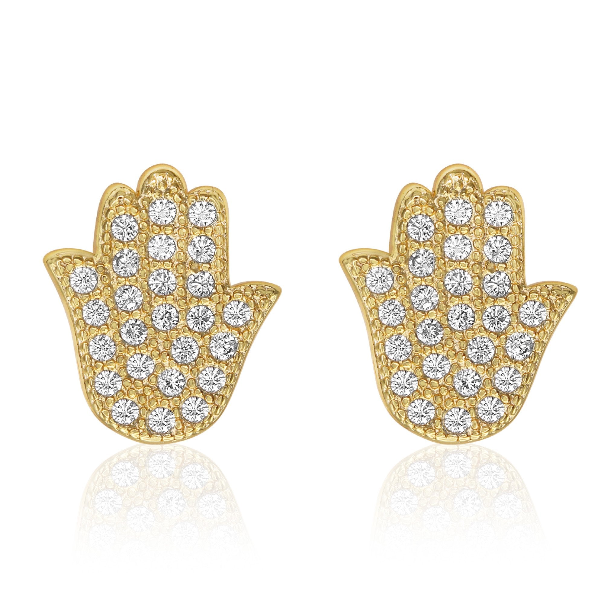 Hamsa Hand Stud 14K Gold Plated Stud Earrings Cubic Zirconia Jewelry Men Women
