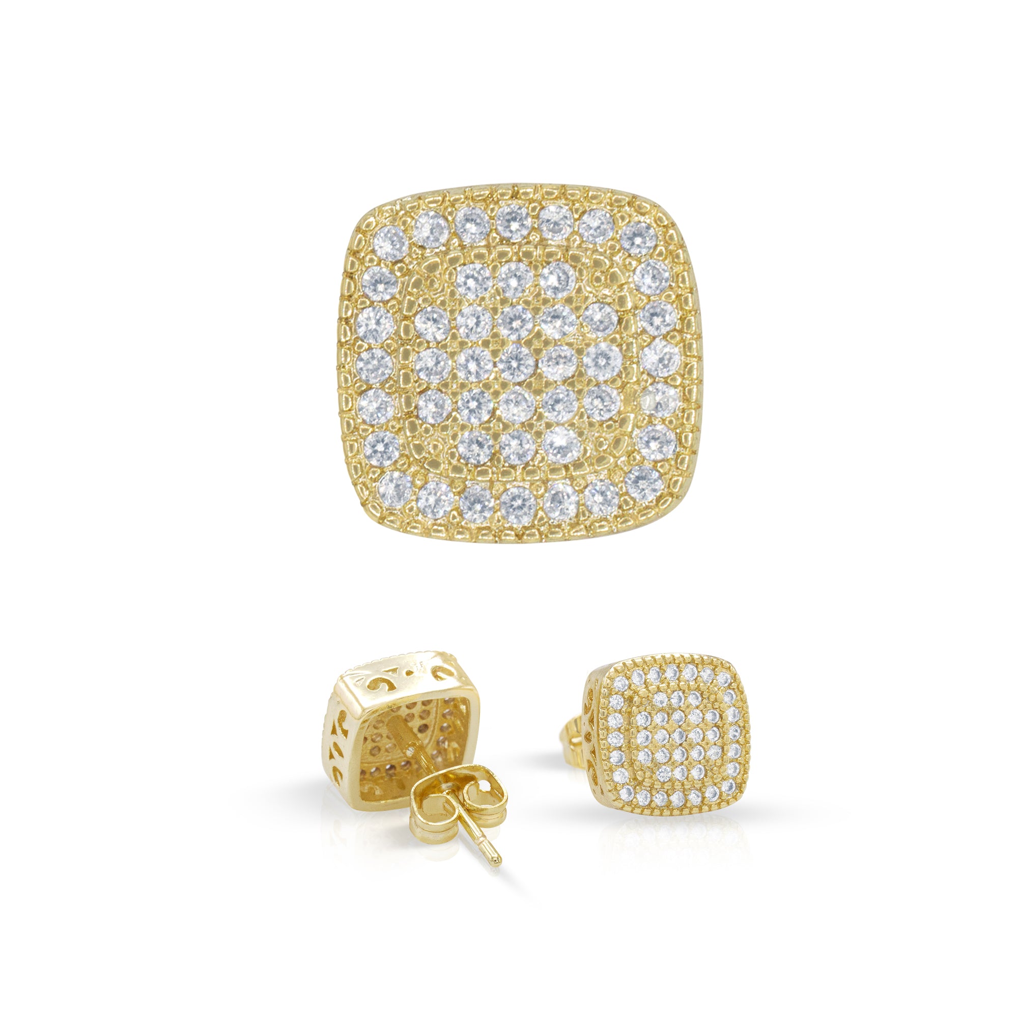 Double Square 6 Cubic Zirconia Earrings 14K Gold Filled Silver Hip Hop Studs Ear Piercing Jewelry Women Men