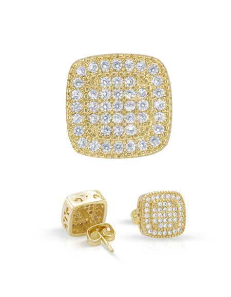 Double Square 6 Cubic Zirconia Earrings 14K Gold Filled Silver Hip Hop Studs Ear Piercing Jewelry Women Men