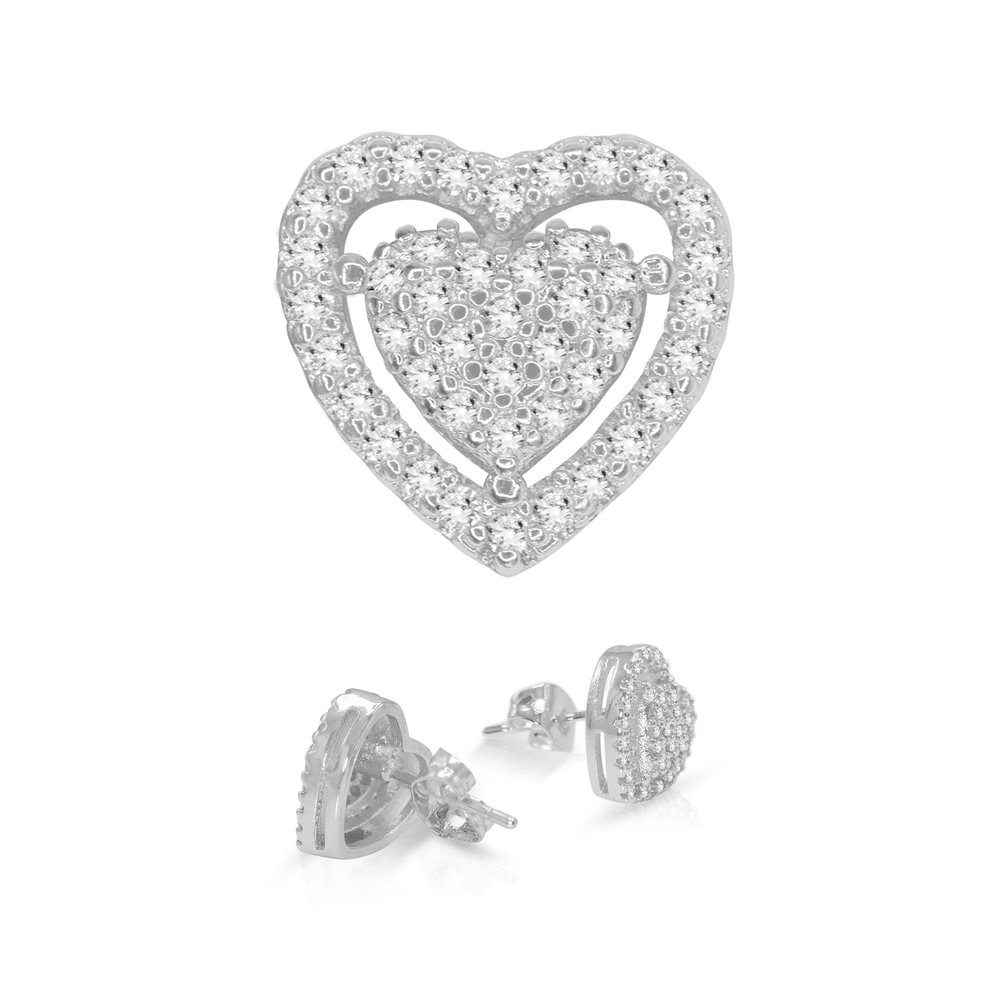 Heart 2 Cubic Zirconia Earrings 14K Gold Filled Silver Hip Hop Studs Jewelry Women