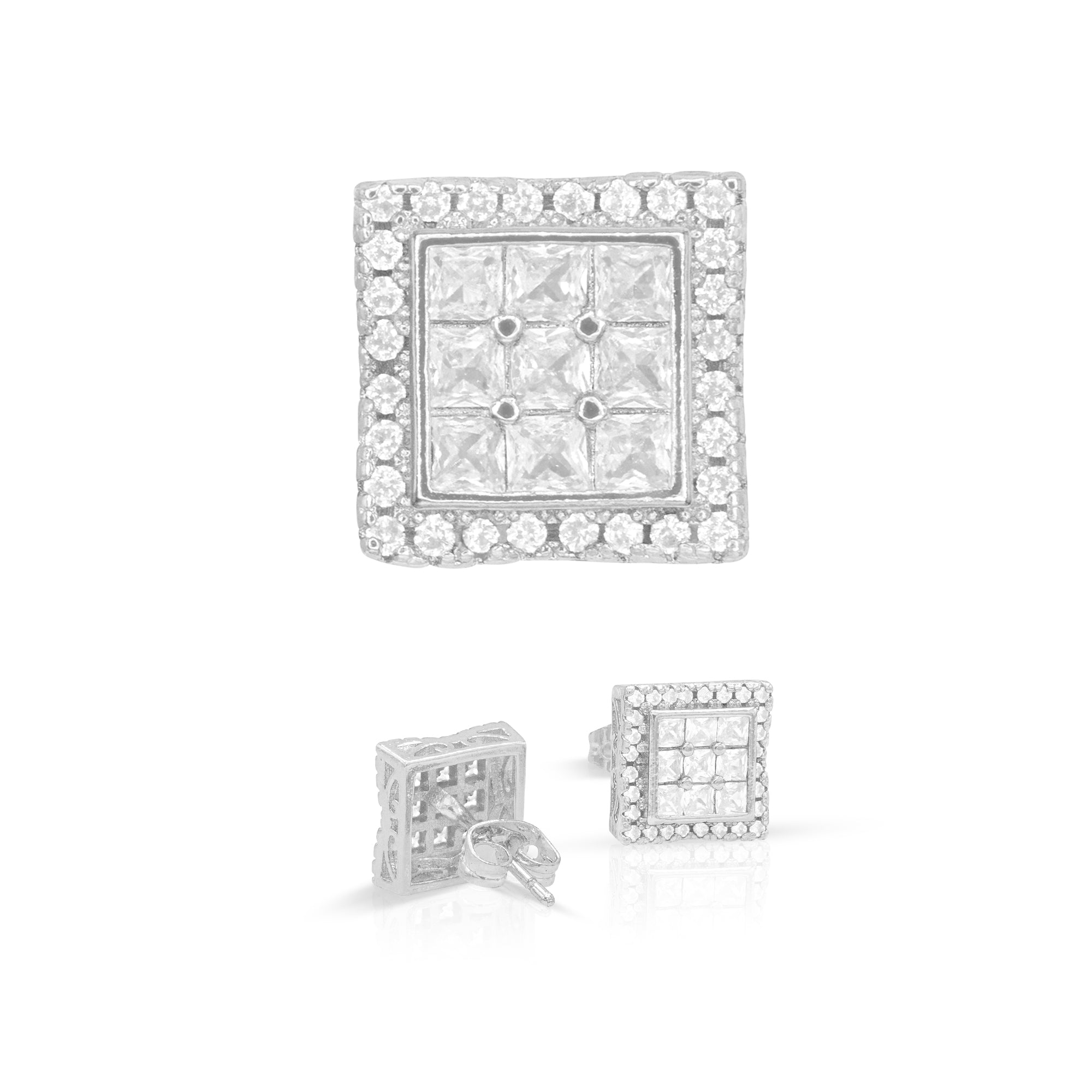 Double Square 3 Cubic Zirconia Earrings 14K Gold Filled Silver Hip Hop Studs Jewelry Women Men