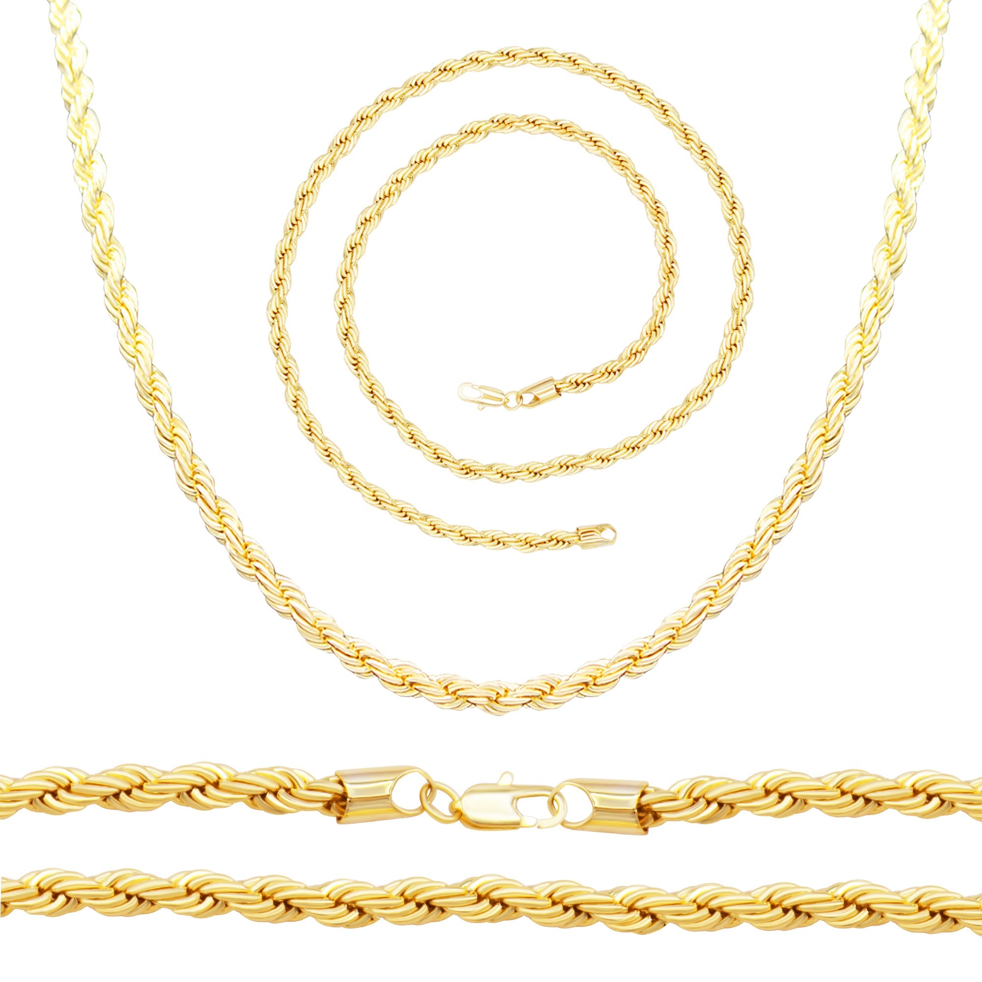 14K Gold Filled Rope Chain Necklace 24" Bracelet 8.5" Set for Men 5 - 6 mm
