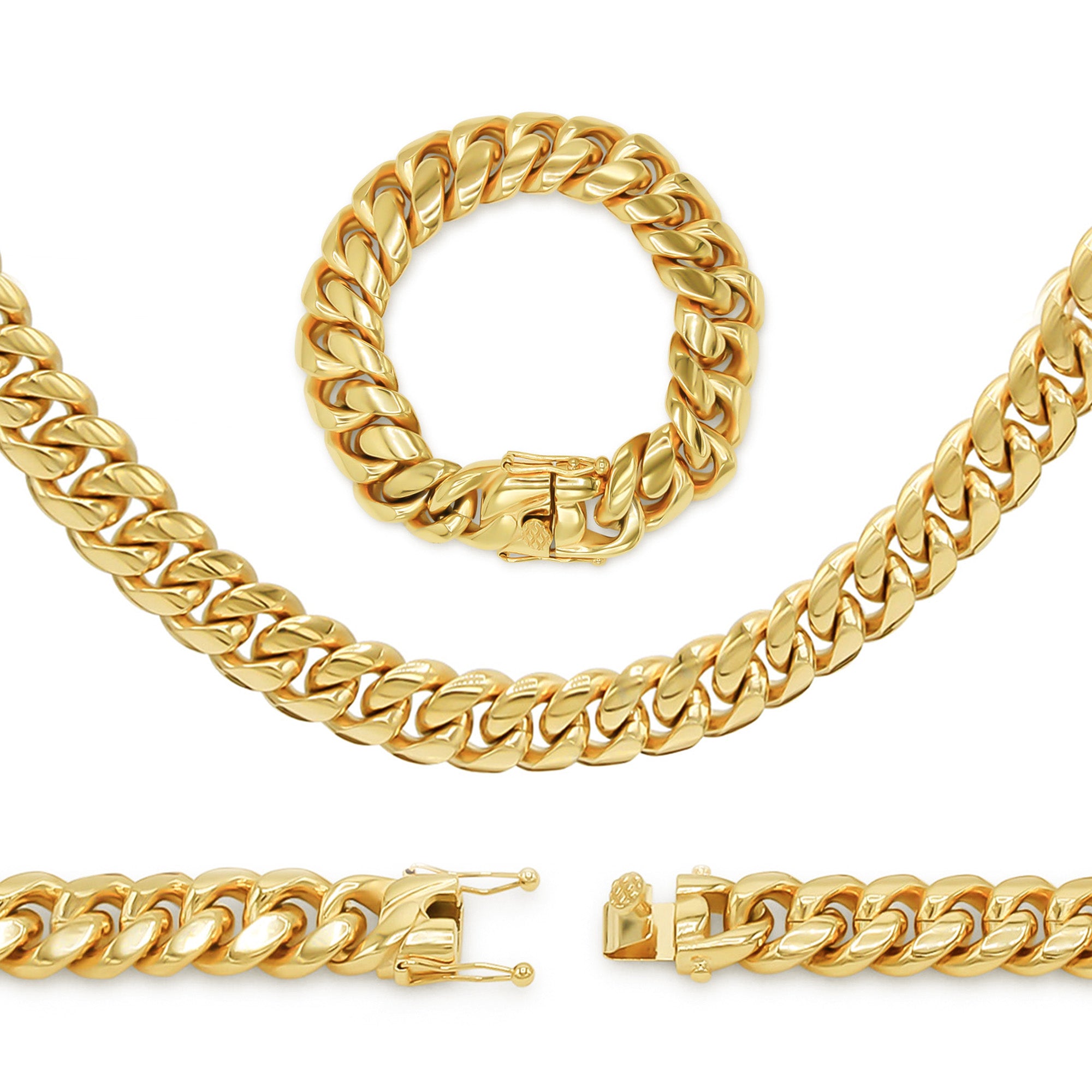 Cuban Link 14K Gold Plated Necklace 30" Bracelet 8.5" Set For Men
