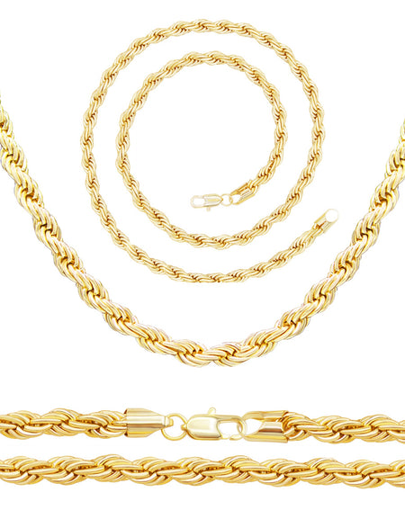 14K Gold Filled Rope Chain Necklace 24" Bracelet 8.5" Set for Men 5 - 6 mm