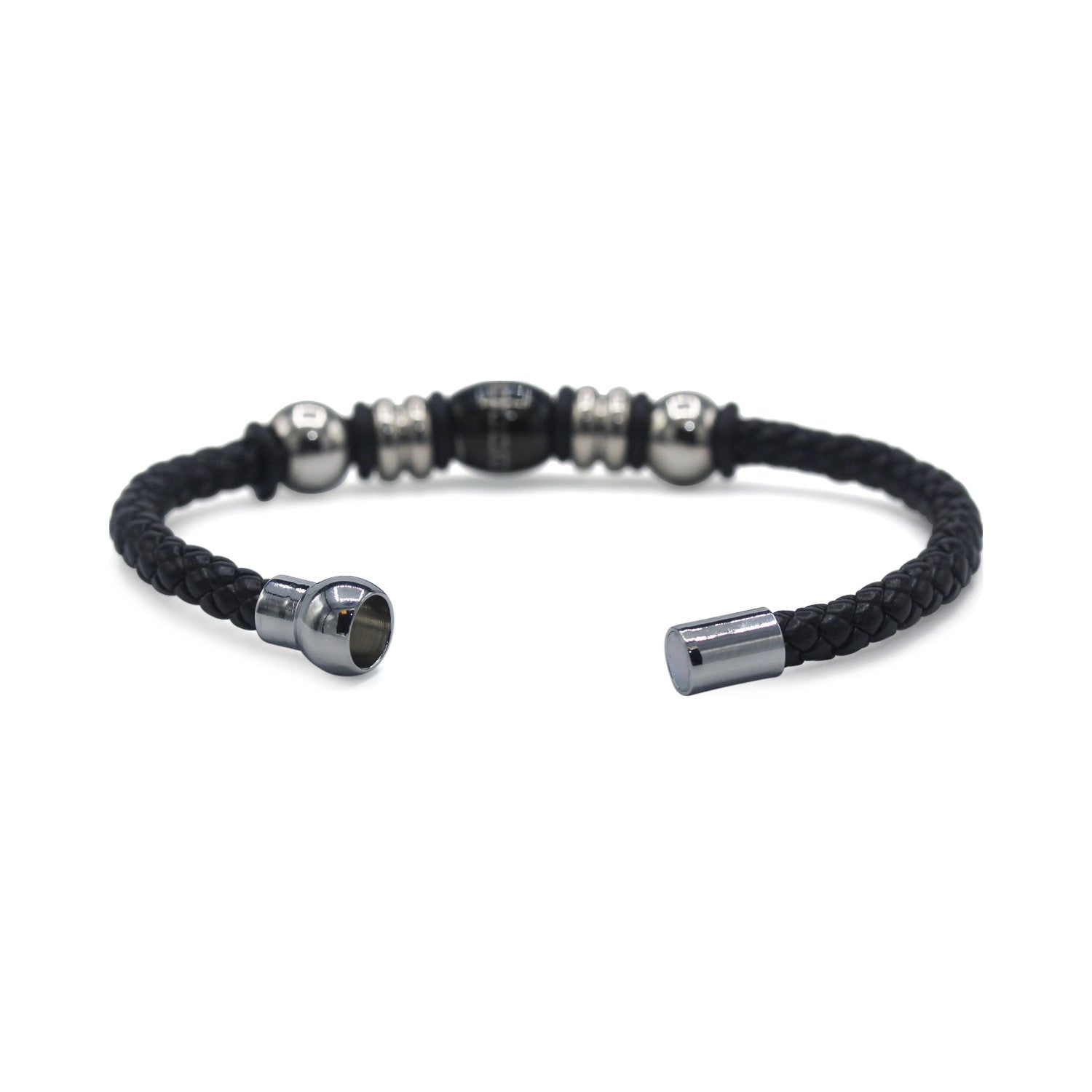 Decorative Leather Bracelet Stainless Steel Accents Magnetic Clasp (Silver/Black)