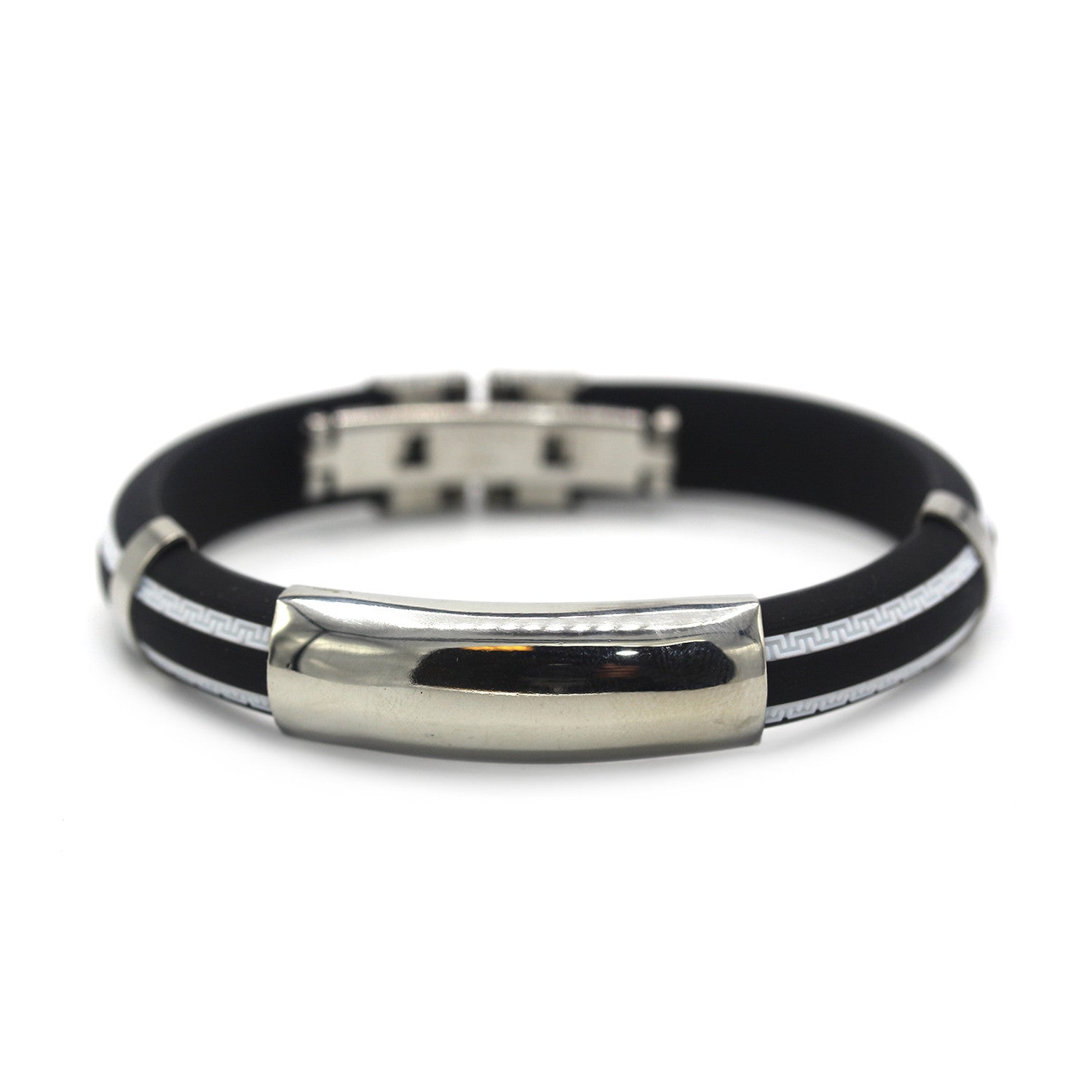 Designer Rubber Bracelet Stainless Steel Accents Dual Hinge Clasp (Silver)