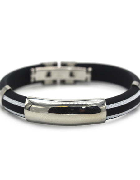 Designer Rubber Bracelet Stainless Steel Accents Dual Hinge Clasp (Silver)