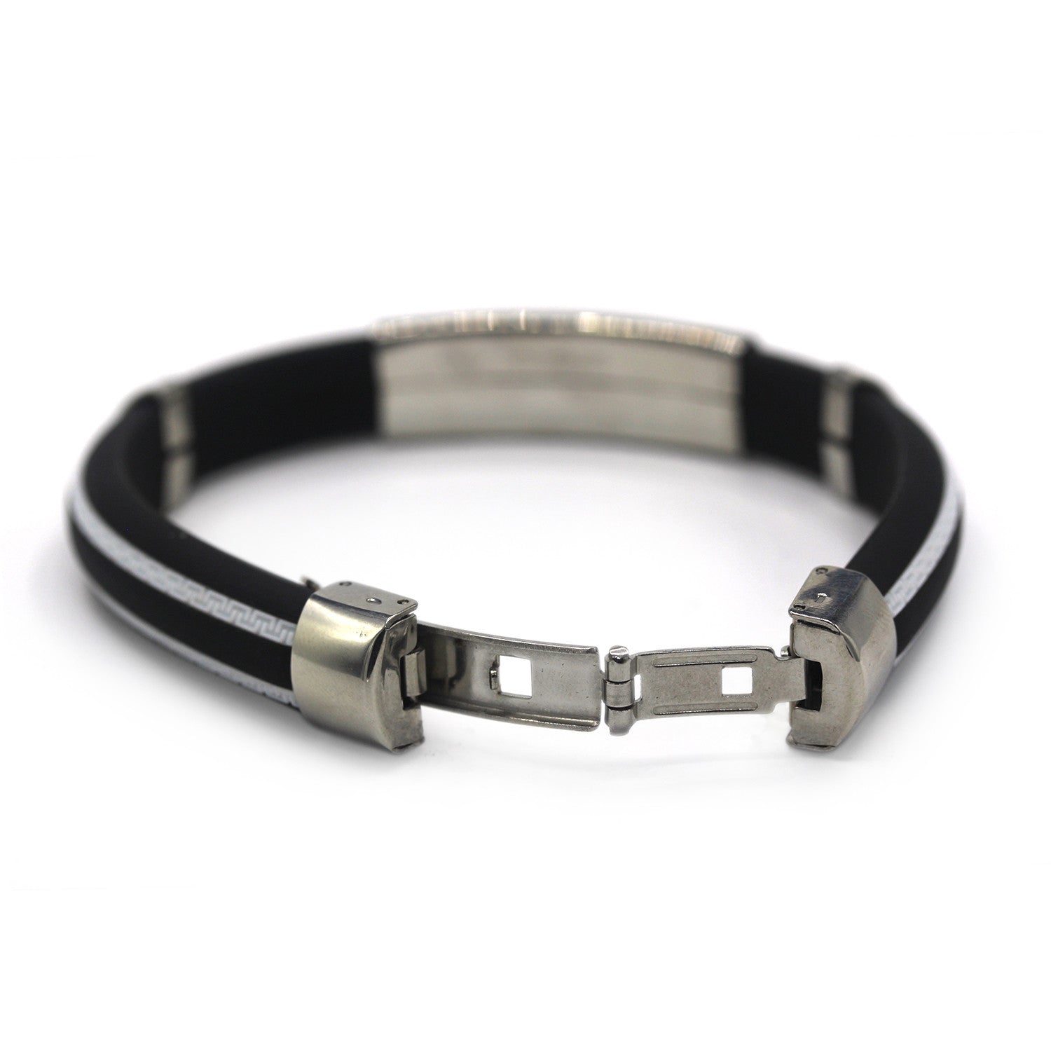 Designer Rubber Bracelet Stainless Steel Accents Dual Hinge Clasp (Silver)