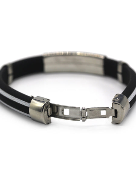 Designer Rubber Bracelet Stainless Steel Accents Dual Hinge Clasp (Silver)