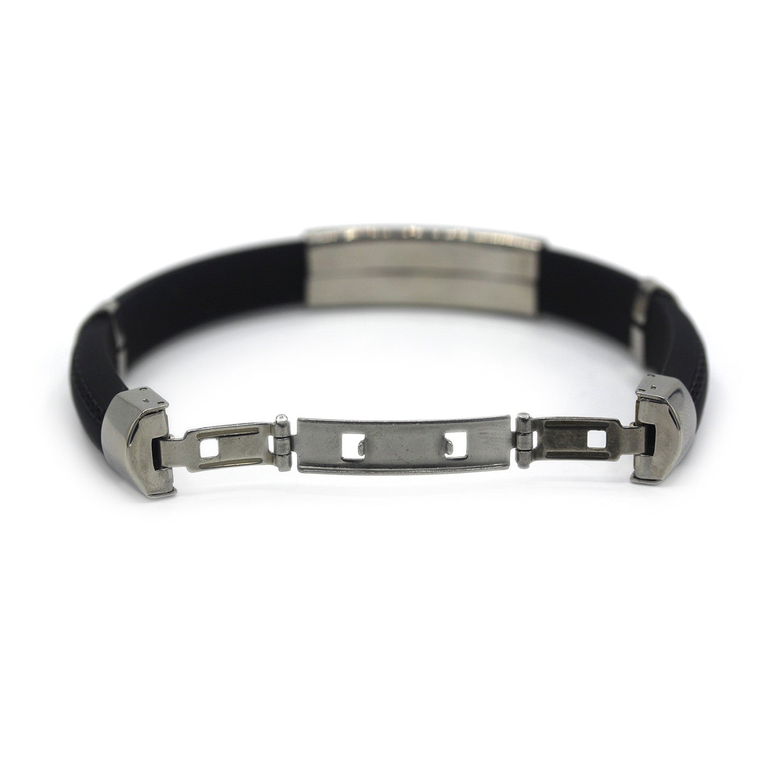 Modest Rubber Bracelet Stainless Steel Accents Dual Hinge Clasp (Silver)