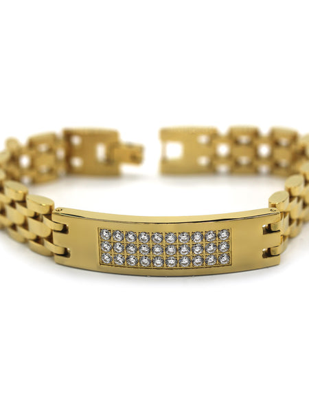 Decorative Men’s Stainless Steel Bracelet Fashion Wrist Band CZ (Gold)