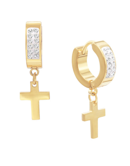 Cubic Zirconia Cross Pendant Huggie Hoops 14K Gold Plated Silver Black Earrings