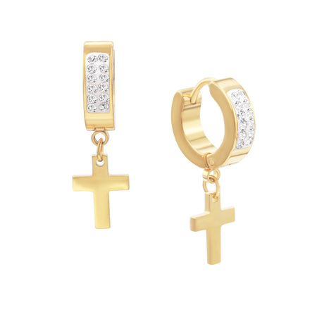 Cubic Zirconia Cross Pendant Huggie Hoops 14K Gold Plated Silver Black Earrings