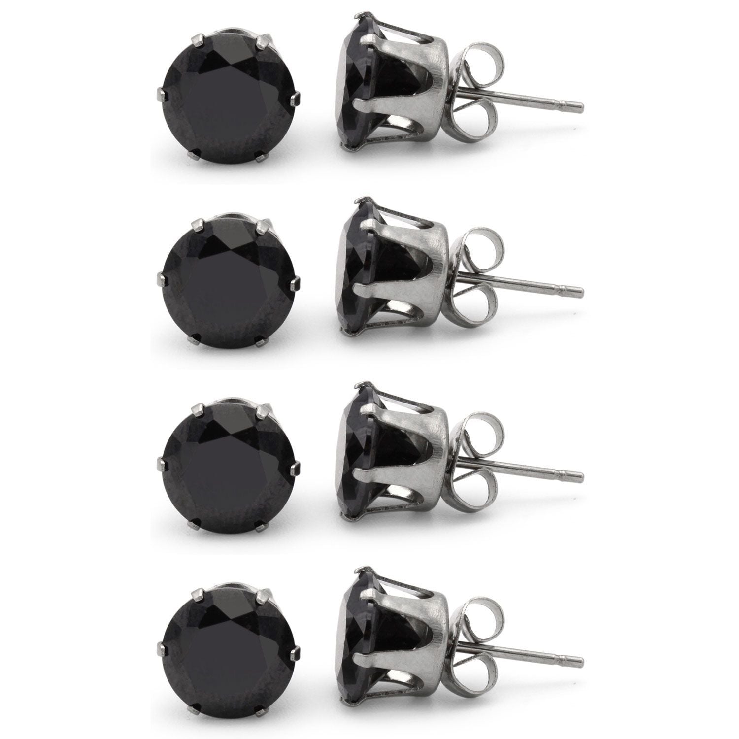 Cubic Zirconia Round Black Stud Earrings Set Of 4 Stainless Steel Jewelry Men Women