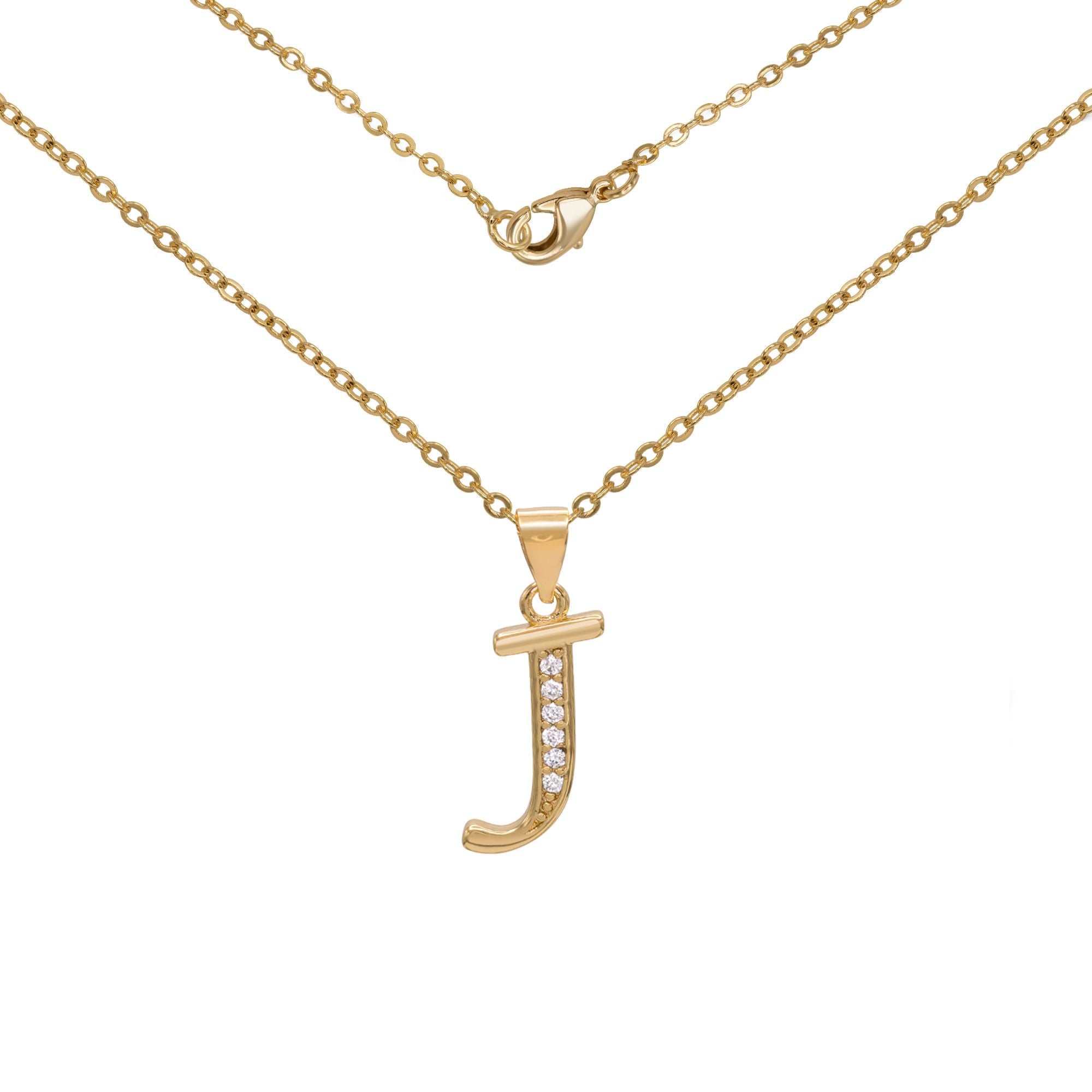 Initial Letter Pendant With Cubic Zirconia 18K Gold Filled Alphabet CZ Charm Rolo Chain Set 18" Necklace Women Girl Teen