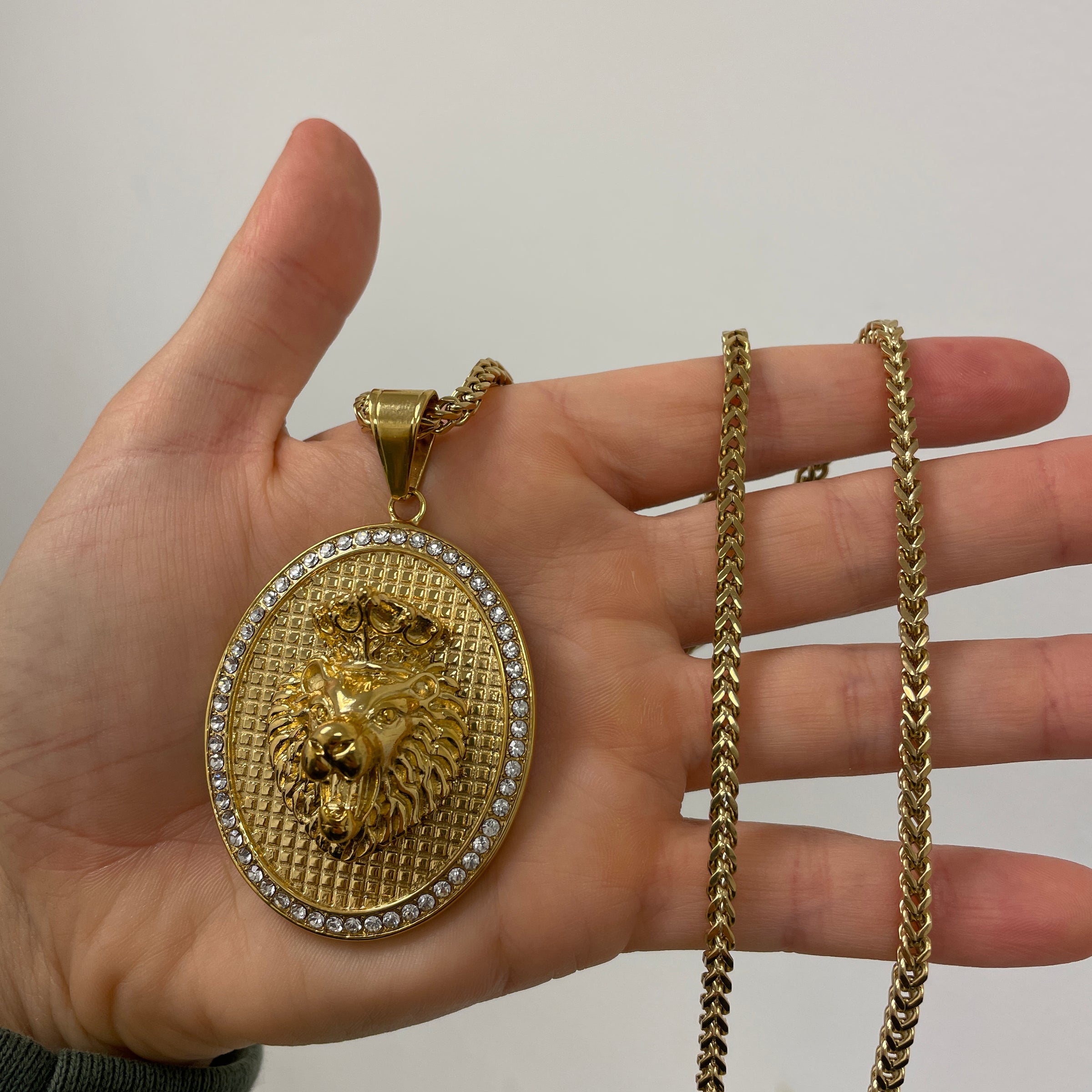 Lion Medallion Oval Pendant with 14K Gold Plated Franco Necklace 3mm 24" Set