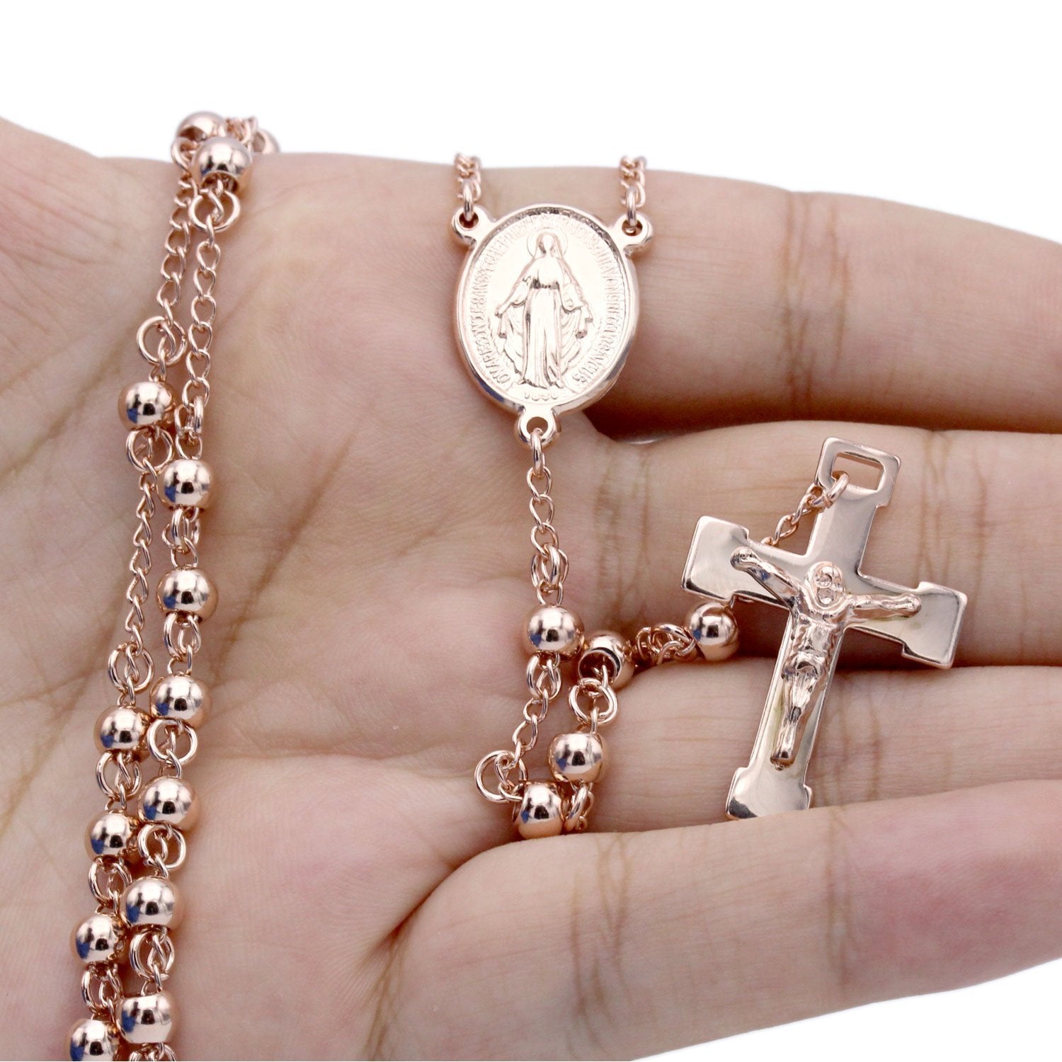 Traditional Rose Gold Rosary Necklace Five Decade Catholic Prayer Beads 5mm