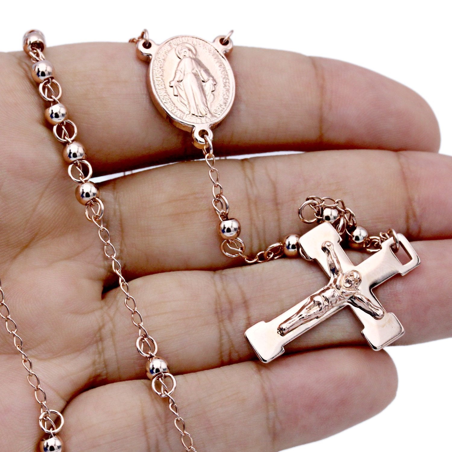 Traditional Rose Gold Rosary Necklace Five Decade Catholic Prayer Beads 4mm
