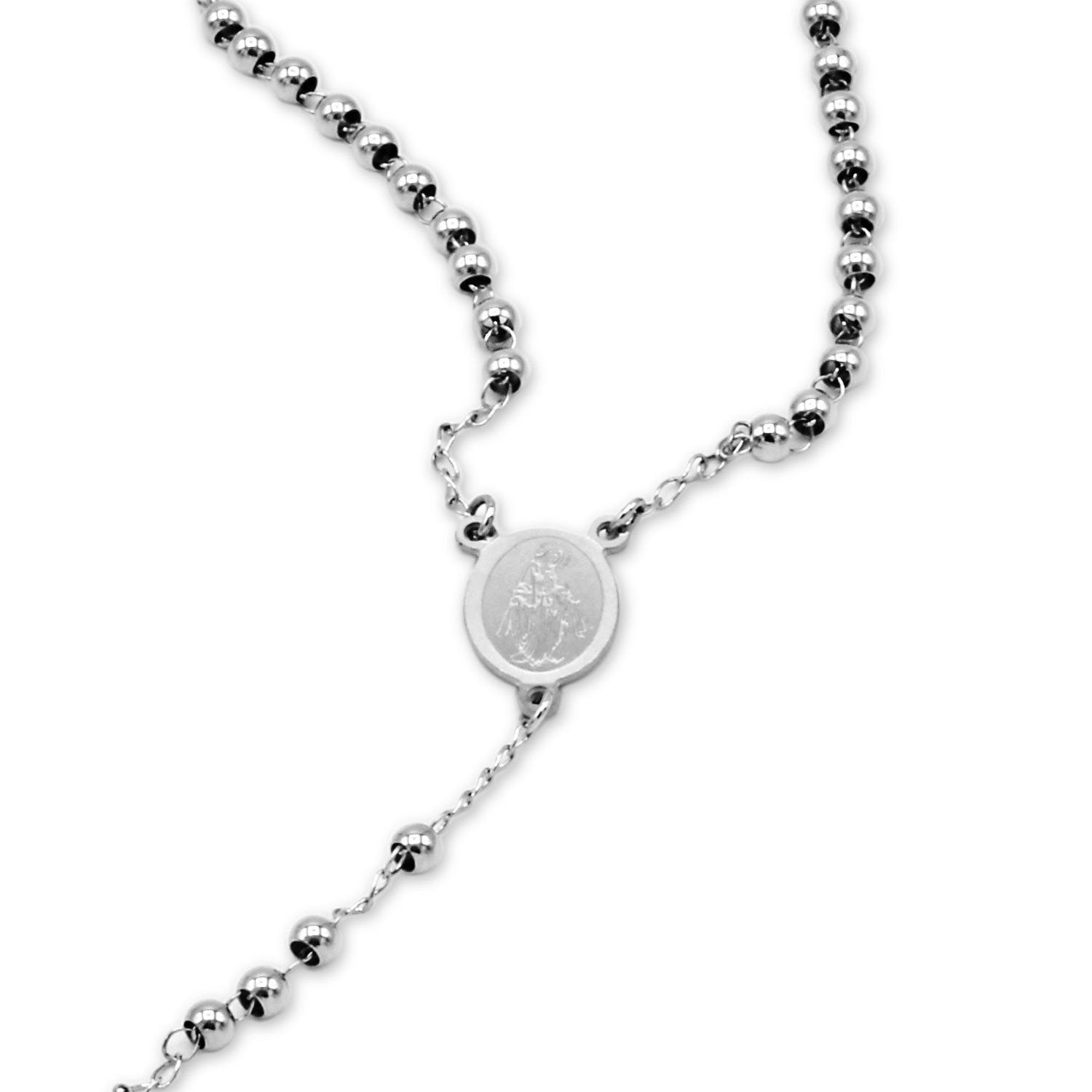 Traditional Silver Rosary Necklace Five Decade Catholic Prayer Beads 3mm