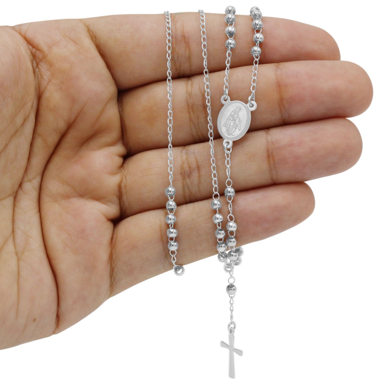 Traditional Silver Rosary Necklace Five Decade Catholic Prayer Beads 3mm