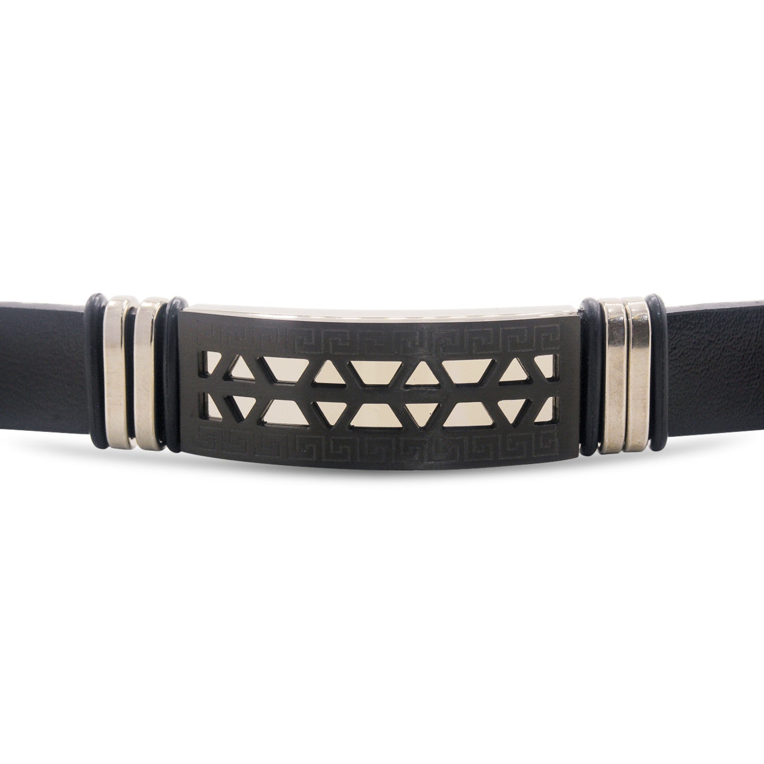Stainless Steel Black Two Tone Design Leather Bracelet