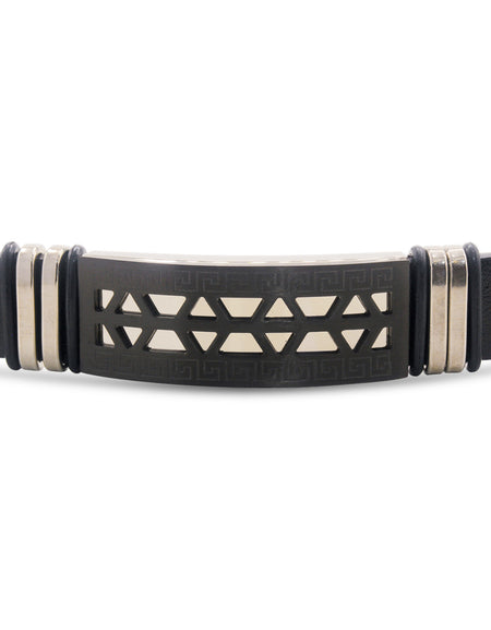 Stainless Steel Black Two Tone Design Leather Bracelet
