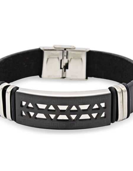 Stainless Steel Black Two Tone Design Leather Bracelet