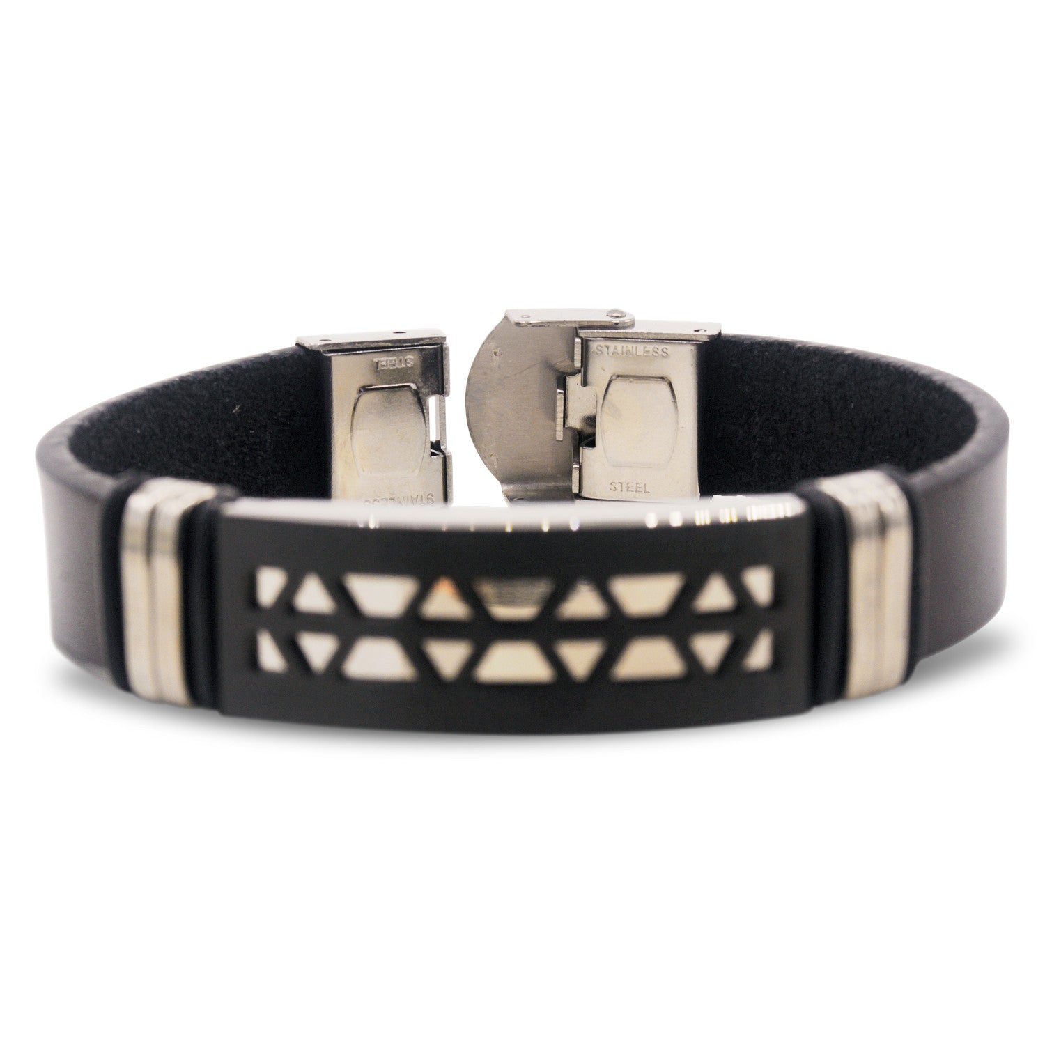 Stainless Steel Black Two Tone Design Leather Bracelet