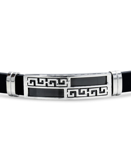 Stainless Steel Black Silver Plated Two Tone Design Rubber Bracelet