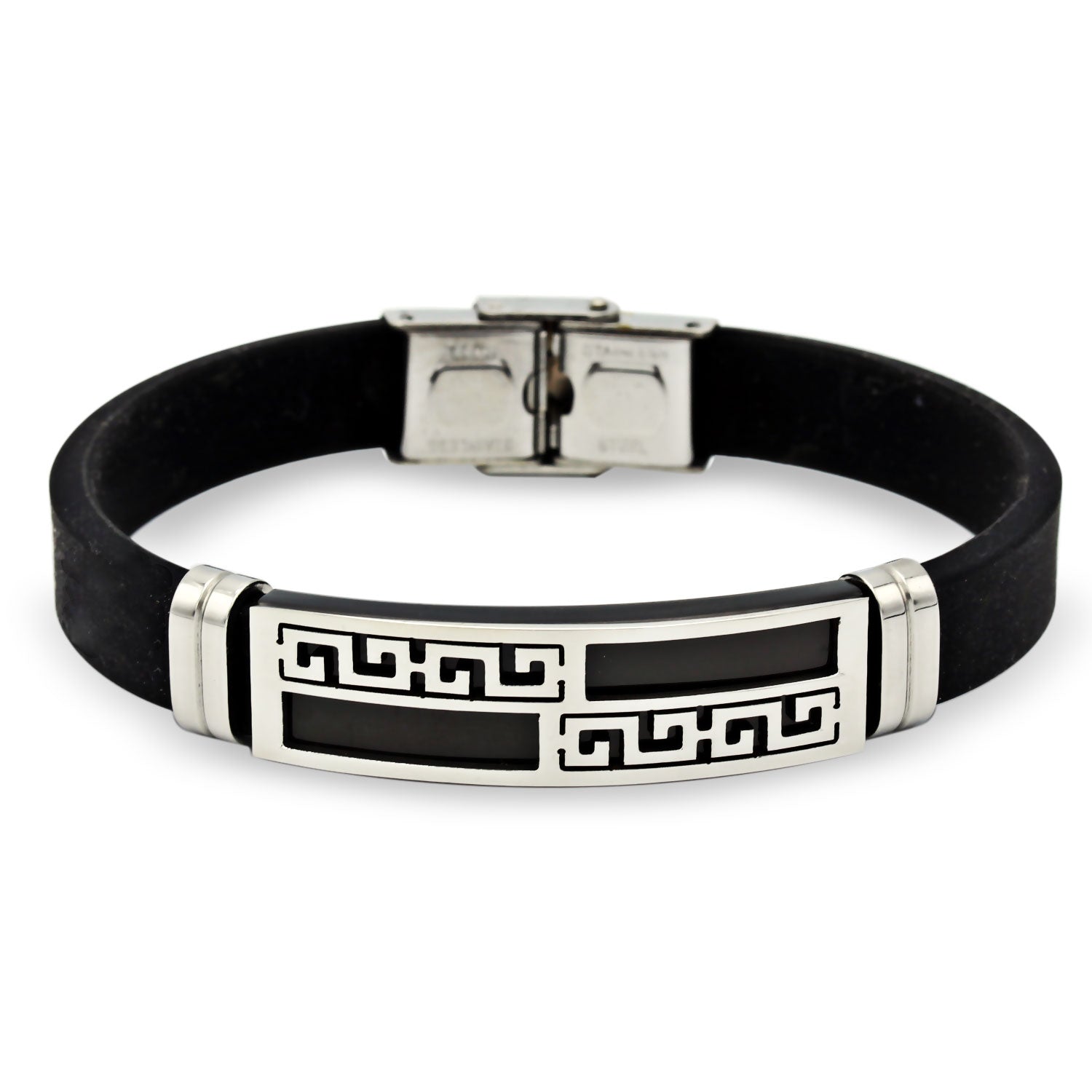 Stainless Steel Black Silver Plated Two Tone Design Rubber Bracelet