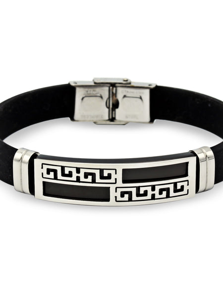 Stainless Steel Black Silver Plated Two Tone Design Rubber Bracelet