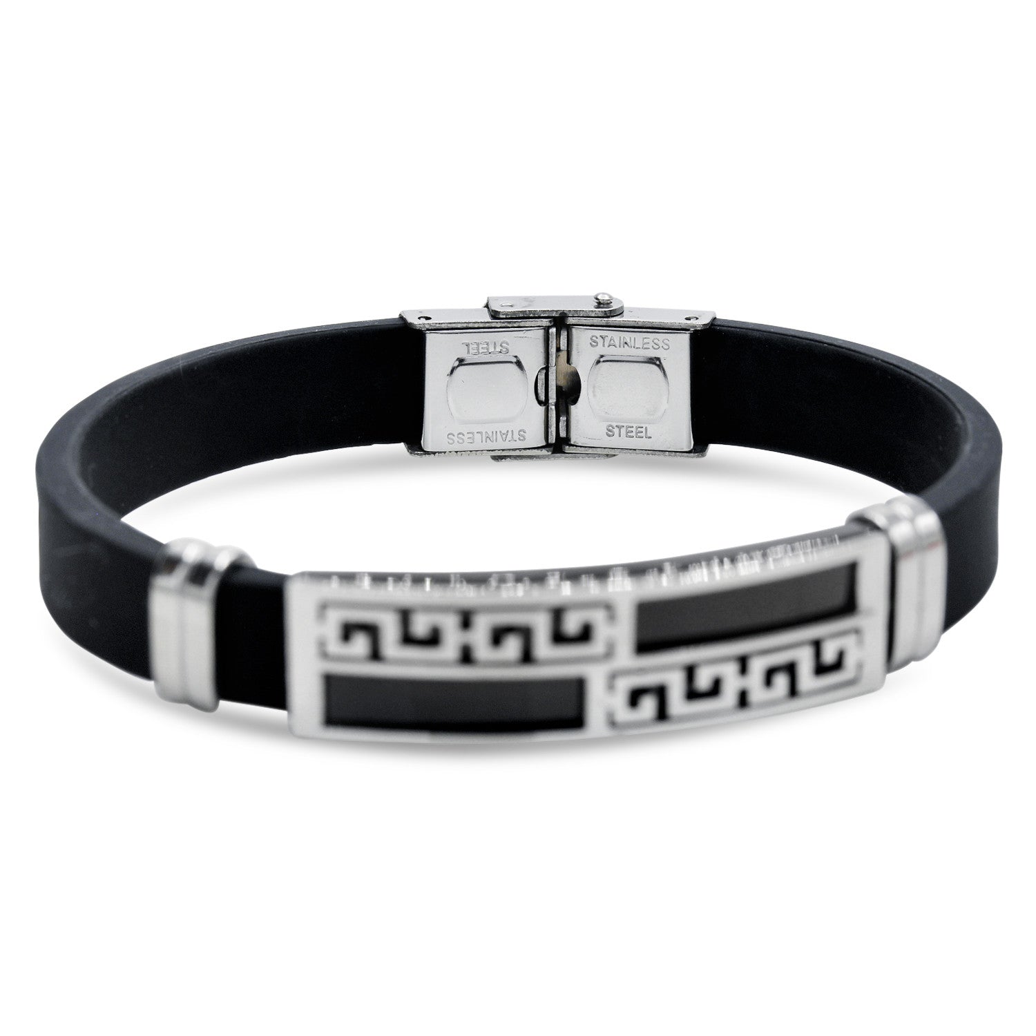 Stainless Steel Black Silver Plated Two Tone Design Rubber Bracelet