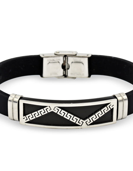 Stainless Steel Black Silver Plated Two Tone Rubber Bracelet