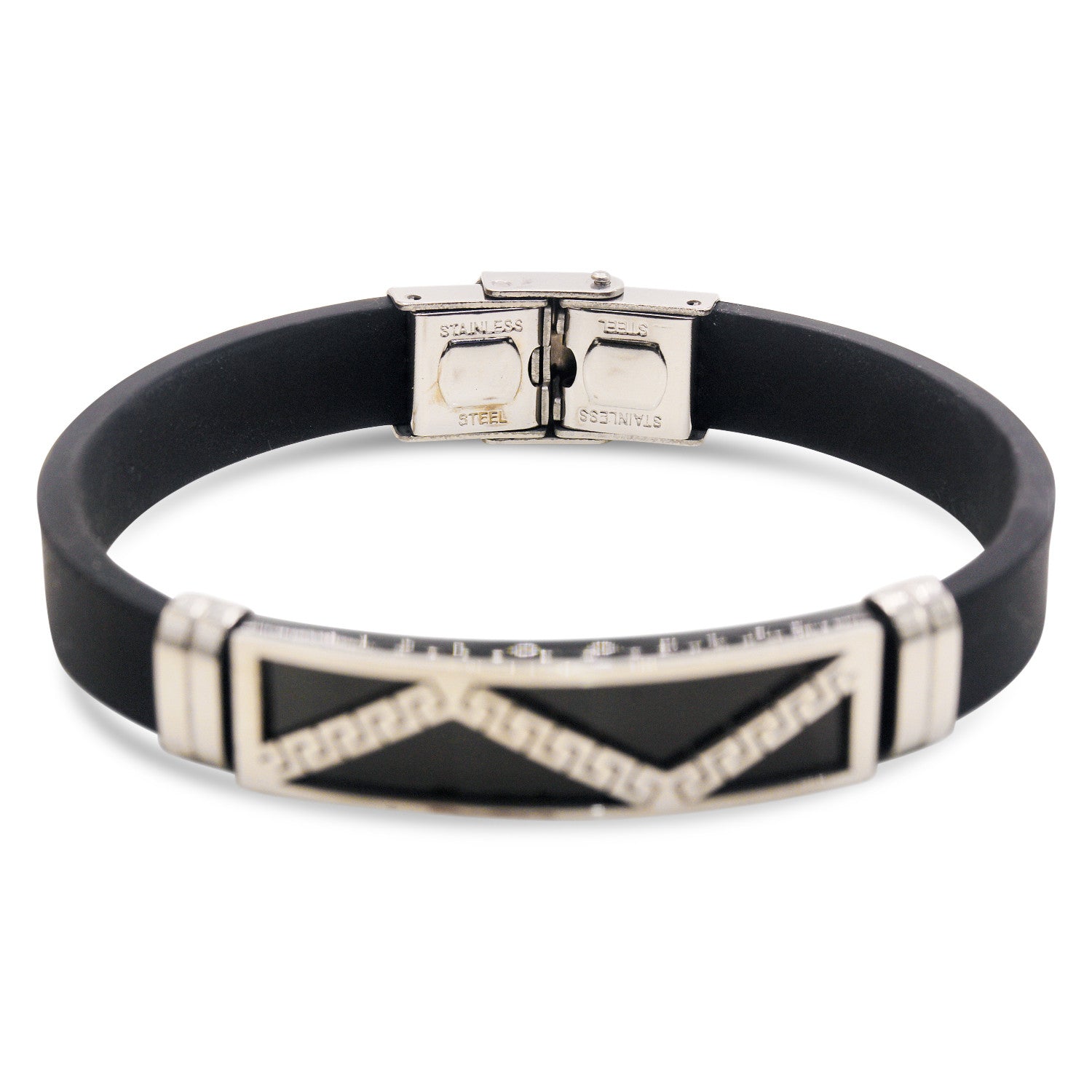 Stainless Steel Black Silver Plated Two Tone Rubber Bracelet