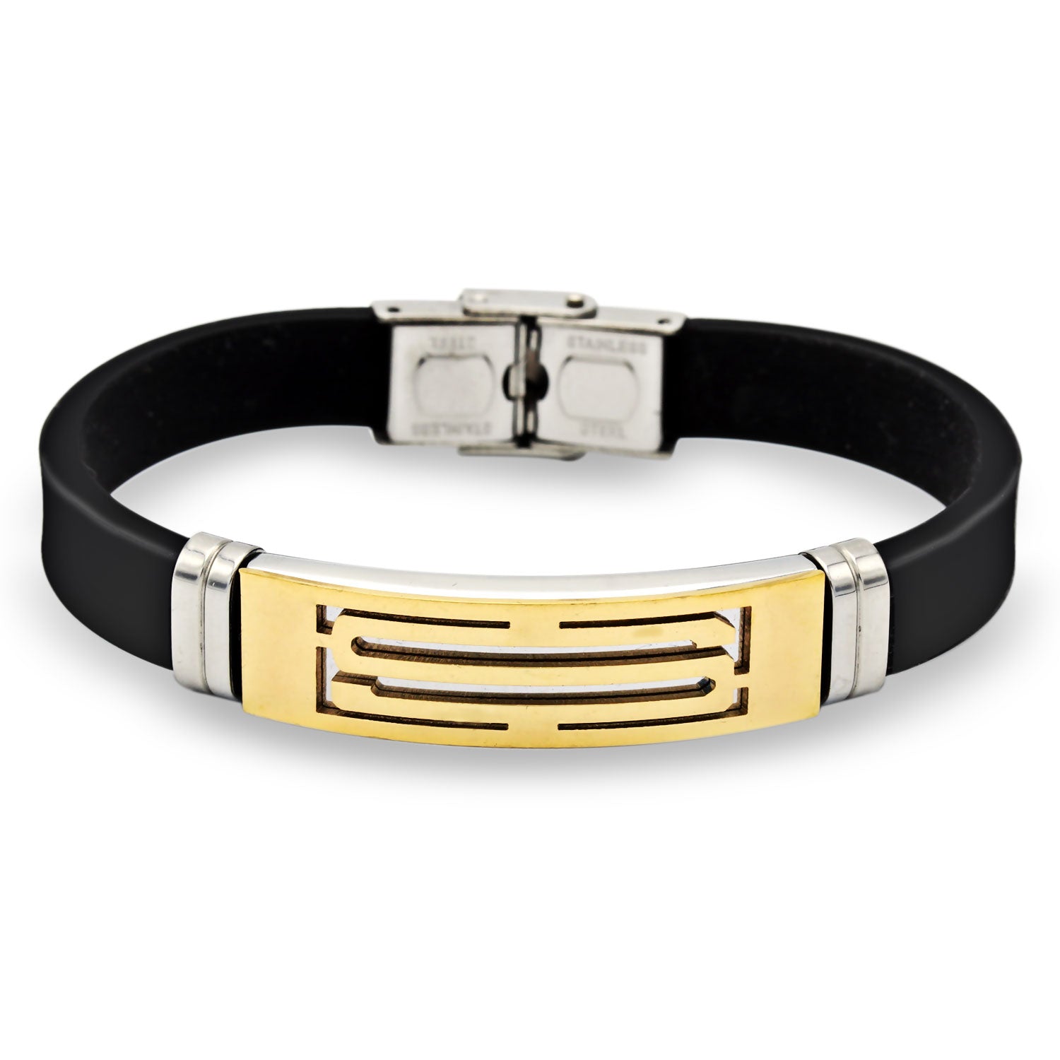 Stainless Steel Two Tone S Design Rubber Bracelet