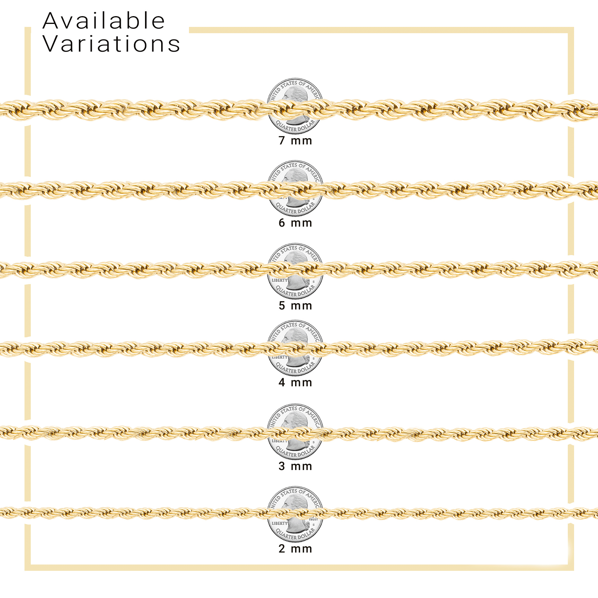 14K Gold Plated Rope Chain Twisted Link Necklace for Men 18" 20" 24" 30" Length | 2 mm - 7 mm Width