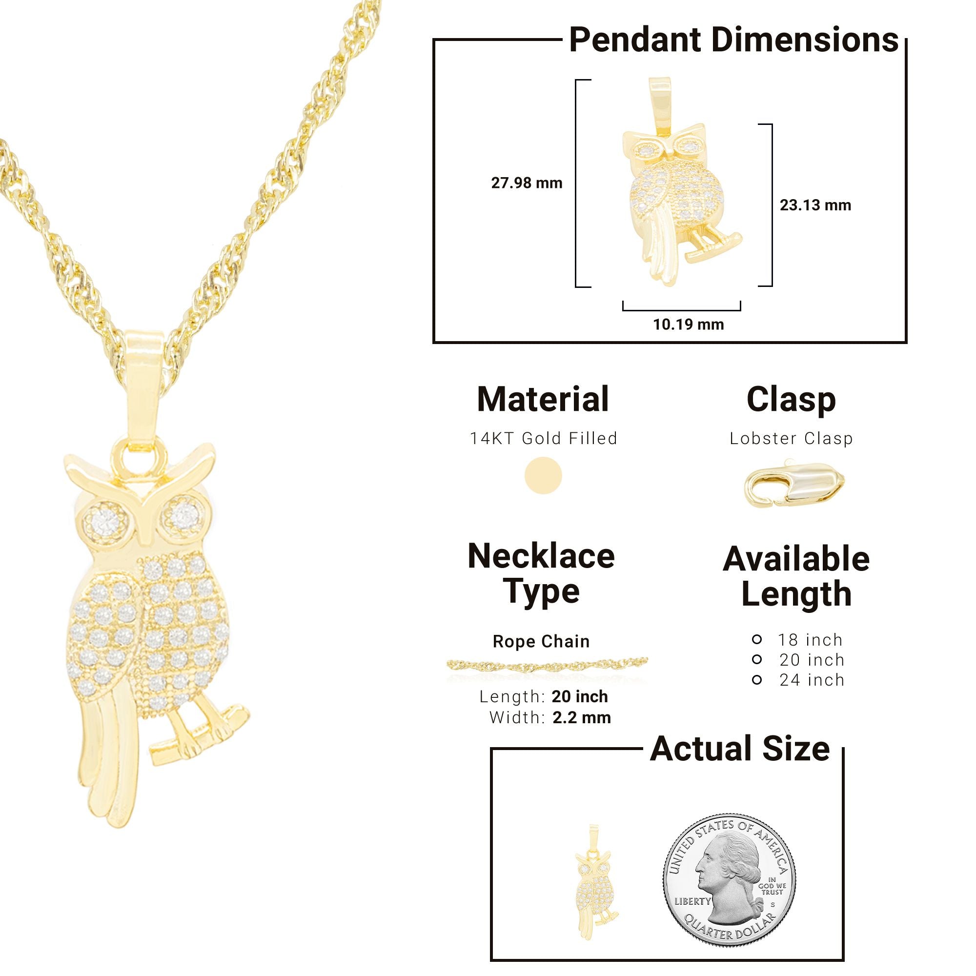 Smart Owl Cubic Zirconia Pendant With Necklace Set 14K Gold Filled