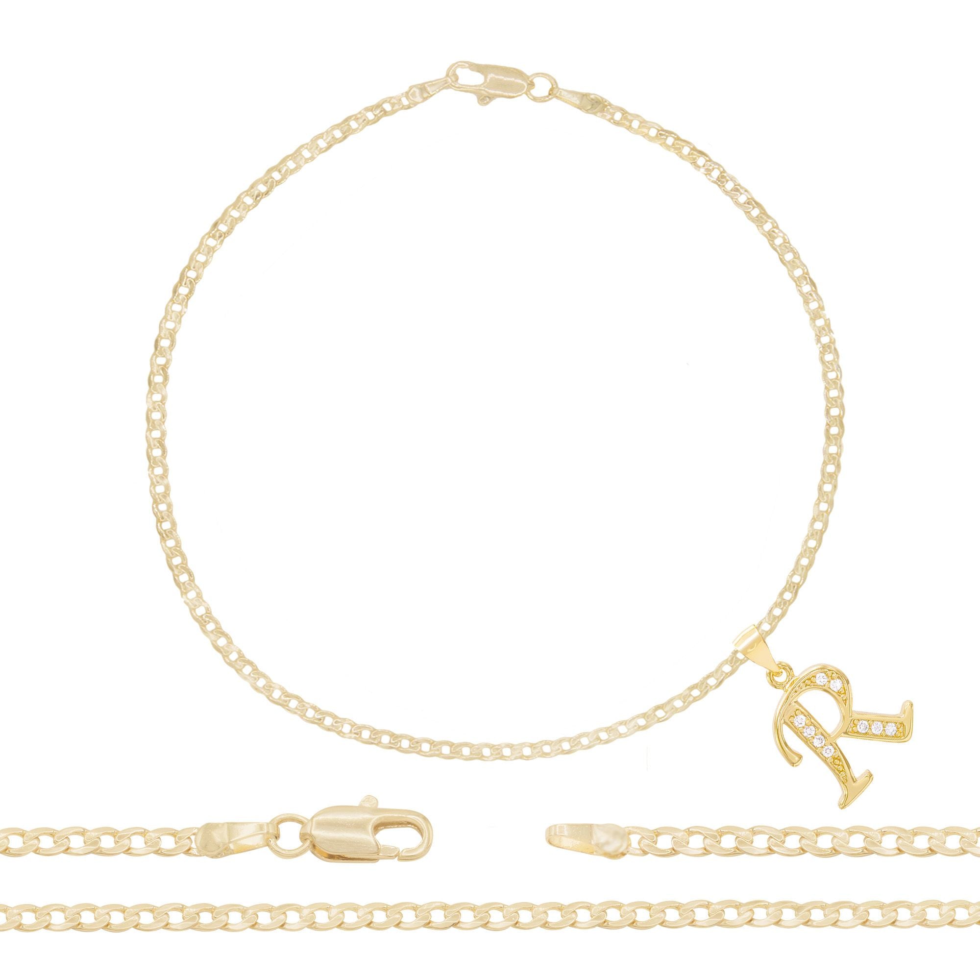 A-Z Initial Letter Pendant 14K Gold Filled Cubic Zirconia Curb Chain Anklet 10" Set 2.5 mm  Women Jewelry