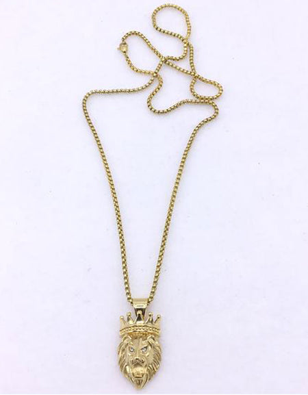 18K Gold Stainless Steel Box Chain with Crowned Lion Cubic Zirconia Eyes
