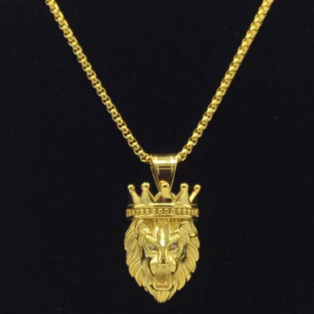 18K Gold Stainless Steel Box Chain with Crowned Lion Cubic Zirconia Eyes